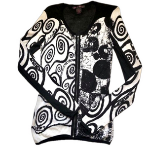 Elena Wang Black/White Two-Tone Light Knit Front Zip Top Cardigan Swirls S